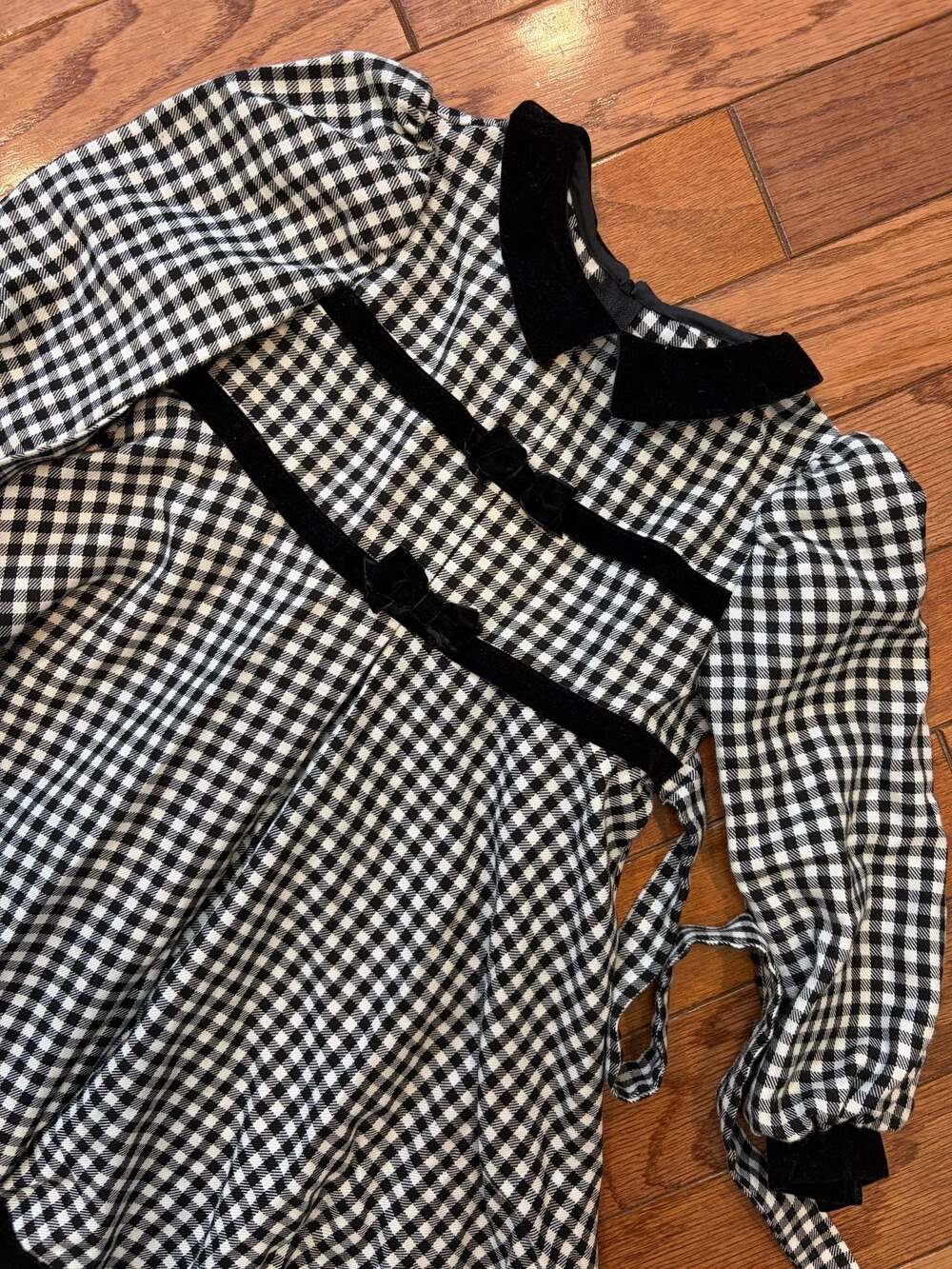 Bonnie Jean Girls Black and White Gingham Plaid Dress with Velvet Bow Trim and C